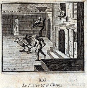 ファルコンとカポン。ジャン・ド・ラ・フォンテーヌ（1621-95）の寓話。挿絵はフランソワ・ショーボー（1613-1676）。1728年の版。 作： Francois Chauveau