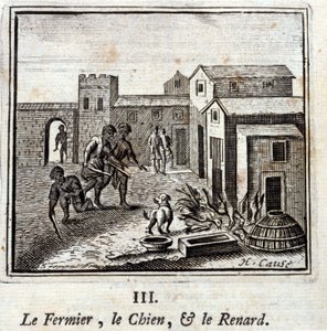 農夫、犬、キツネ。ジャン・ド・ラ・フォンテーヌ（1621-95）の寓話。挿絵はフランソワ・ショーボー（1613-1676）。1728年の版。