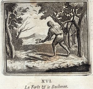 森とブシュロン。ジャン・ド・ラ・フォンテーヌ（1621-95）の寓話。挿絵はフランソワ・ショーボー（1613-1676）。1728年の版。 作： Francois Chauveau