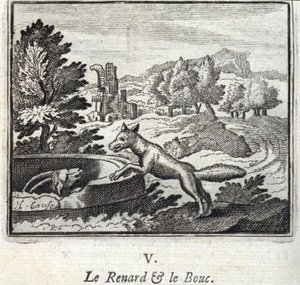 ジャン・ド・ラ・フォンテーヌ（1621-95）の寓話『キツネとボウシ』。挿絵はフランソワ・ショーボー（1613-1676）。1728年の版。 作： Francois Chauveau