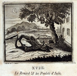 インドのキツネとニワトリ」。ジャン・ド・ラ・フォンテーヌ（1621-95）の寓話。挿絵はフランソワ・ショーボー（1613-1676）。1728年の版。 作： Francois Chauveau
