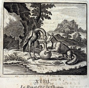 ジャン・ド・ラ・フォンテーヌ（1621-95）の寓話集『キツネとシゴーニュ』。挿絵はFrançois Chauveau（1613-1676）。1728年の版。 作： Francois Chauveau