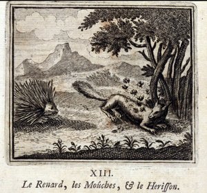 キツネとハエとヘリソン」。ジャン・ド・ラ・フォンテーヌ（1621-95）の寓話。挿絵はフランソワ・ショーボー（1613-1676）。1728年の版。 作： Francois Chauveau