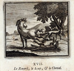 狐と狼と馬。ジャン・ド・ラ・フォンテーヌ（1621-95）の寓話。挿絵はフランソワ・ショーボー（1613-1676）。1728年の版。
