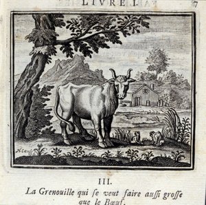 牛肉のように大きくなりたいカエル。ジャン・ド・ラ・フォンテーヌ（1621-95）の寓話。挿絵はフランソワ・ショーボー（1613-1676）。1728年の版。 作： Francois Chauveau