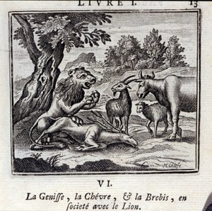 ライオンと社会を共にするゲニース・ザ・ゴーブと羊。ジャン・ド・ラ・フォンテーヌ（1621-95）の寓話。挿絵はフランソワ・ショーボー（1613-1676）。1728年の版。 作： Francois Chauveau