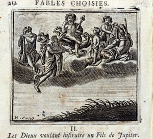神々はジュピターの息子を教えようとする。ジャン・ド・ラ・フォンテーヌ（1621-95）の寓話。挿絵はフランソワ・ショーボー（1613-1676）。1728年の版。 作： Francois Chauveau