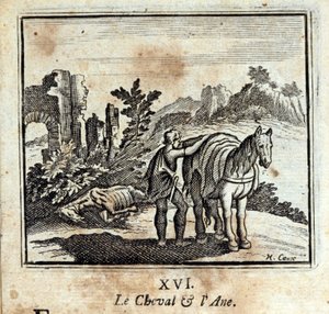 馬とロバの話ジャン・ド・ラ・フォンテーヌ（1621-95）の寓話。挿絵はフランソワ・ショーボー（1613-1676）。1728年の版。