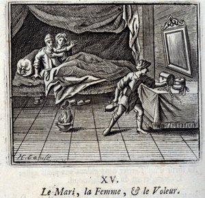 夫、女、そして泥棒。ジャン・ド・ラ・フォンテーヌ（1621-95）の寓話。挿絵はフランソワ・ショーボー（1613-1676）。1728年の版。 作： Francois Chauveau