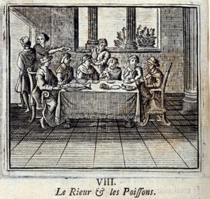 笑い」と「魚座」。ジャン・ド・ラ・フォンテーヌ（1621-95）の寓話。挿絵はフランソワ・ショーボー（1613-1676）。1728年の版。