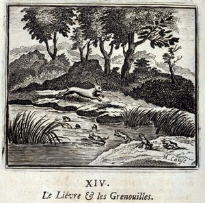 リーヴルとカエル。ジャン・ド・ラ・フォンテーヌ（1621-95）の寓話。挿絵はフランソワ・ショーボー（1613-1676）。1728年の版。 作： Francois Chauveau