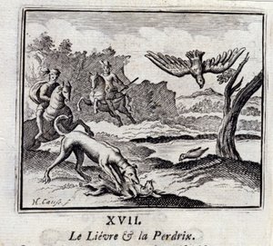 ジャン・ド・ラ・フォンテーヌ（1621-95）の寓話「リーヴルとパルデリクス」。挿絵はFrançois Chauveau（1613-1676）。1728年の版。