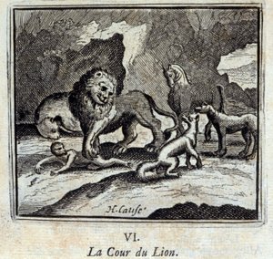 ライオンコートです。ジャン・ド・ラ・フォンテーヌ（1621-95）の寓話集。フランソワ・ショーボー（1613-1676）によるイラスト。1728年の版。 作： Francois Chauveau