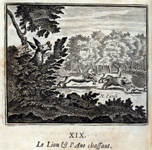 ライオンとロバの狩り。ジャン・ド・ラ・フォンテーヌ（1621-95）の寓話。挿絵はフランソワ・ショーボー（1613-1676）。1728年の版。 作： Francois Chauveau