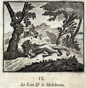 ライオンとヒタキ。ジャン・ド・ラ・フォンテーヌ（1621-95）の寓話。挿絵はフランソワ・ショーボー（1613-1676）。1728年の版。 作： Francois Chauveau