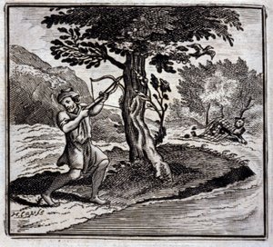 ジャン・ド・ラ・フォンテーヌ(1621-95)の寓話「ライオンとネズミ」。挿絵はフランソワ・ショーボー（1613-1676）。1728年の版。 作： Francois Chauveau