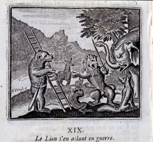 戦争に行くライオン。ジャン・ド・ラ・フォンテーヌ（1621-95）の寓話。挿絵はフランソワ・ショーボー（1613-1676）。1728年の版。 作： Francois Chauveau