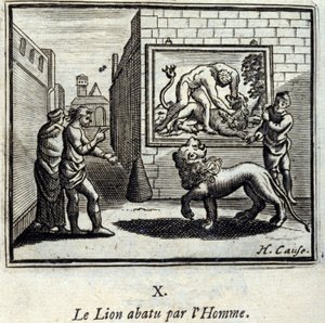 人間に撃墜されたライオン。ジャン・ド・ラ・フォンテーヌ（1621-95）の寓話。挿絵はフランソワ・ショーボー（1613-1676）。1728年の版。 作： Francois Chauveau