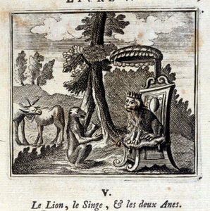ジャン・ド・ラ・フォンテーヌ（1621-95）の寓話『ライオンとサルと2匹のアネ』。挿絵はフランソワ・ショーボー（1613-1676）。1728年の版。