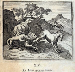 年老いたライオン。ジャン・ド・ラ・フォンテーヌ（1621-95）の寓話。挿絵はフランソワ・ショーボー（1613-1676）。1728年の版。 作： Francois Chauveau