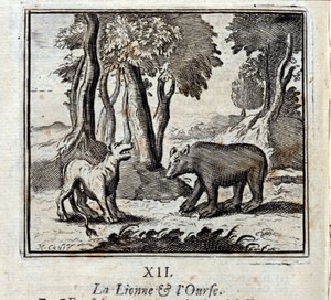 ライオン娘と熊。ジャン・ド・ラ・フォンテーヌ（1621-95）の寓話。挿絵はフランソワ・ショーボー（1613-1676）。1728年の版。 作： Francois Chauveau
