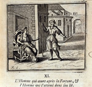 フォーチュンを追いかけて走る男と、ベッドで待つ男。ジャン・ド・ラ・フォンテーヌ（1621-95）の寓話。挿絵はフランソワ・ショーボー（1613-1676）。1728年の版。 作： Francois Chauveau
