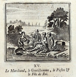 商人、異邦人、パトラ、王の息子。ジャン・ド・ラ・フォンテーヌ（1621-95）の寓話。挿絵はフランソワ・ショーボー（1613-1676）。1728年の版。