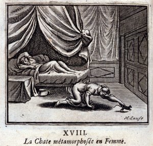 女の中の変身した猫。ジャン・ド・ラ・フォンテーヌ（1621-95）の寓話。挿絵はフランソワ・ショーボー（1613-1676）。1728年の版。 作： Francois Chauveau