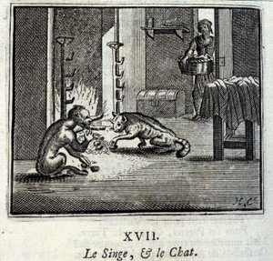 猿と猫。ジャン・ド・ラ・フォンテーヌ（1621-95）の寓話。挿絵はフランソワ・ショーボー（1613-1676）。1728年の版。 作： Francois Chauveau