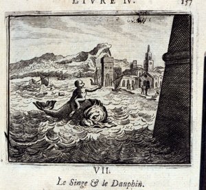 ジャン・ド・ラ・フォンテーヌ（1621-95）の寓話「猿と王太子」。挿絵はフランソワ・ショーボー（1613-1676）。1728年の版。 作： Francois Chauveau