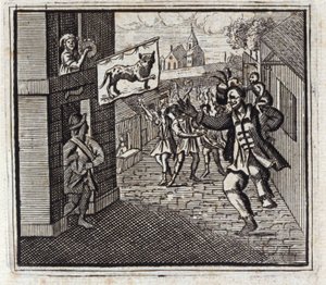 猿と豹。ジャン・ド・ラ・フォンテーヌ（1621-95）の寓話。挿絵はフランソワ・ショーボー（1613-1676）。1728年の版。