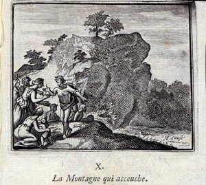 山が出産する様子。ジャン・ド・ラ・フォンテーヌ（1621-95）の寓話。挿絵はフランソワ・ショーボー（1613-1676）。1728年の版。