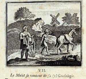 自分の系譜を自慢するマレット。ジャン・ド・ラ・フォンテーヌ（1621-95）の寓話。挿絵はフランソワ・ショーボー（1613-1676）。1728年の版。