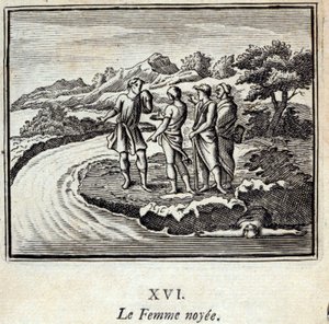 ノワイエの女」。ジャン・ド・ラ・フォンテーヌ（1621-95）の寓話。挿絵はフランソワ・ショーボー（1613-1676）。1728年の版。