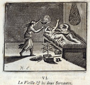 老婦人と二人の召使。ジャン・ド・ラ・フォンテーヌ（1621-95）の寓話。挿絵はフランソワ・ショーボー（1613-1676）。1728年の版。 作： Francois Chauveau
