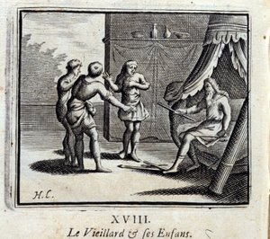 老人とその子供たちジャン・ド・ラ・フォンテーヌ（1621-95）の寓話。挿絵はフランソワ・ショーボー（1613-1676）。1728年の版。