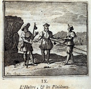 牡蠣と訴訟者たちジャン・ド・ラ・フォンテーヌ（1621-95）の寓話。挿絵はフランソワ・ショーボー（1613-1676）。1728年の版。