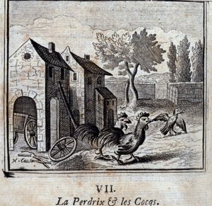 鶉と鶏。ジャン・ド・ラ・フォンテーヌ（1621-95）の寓話。挿絵はフランソワ・ショーボー（1613-1676）。1728年の版。 作： Francois Chauveau