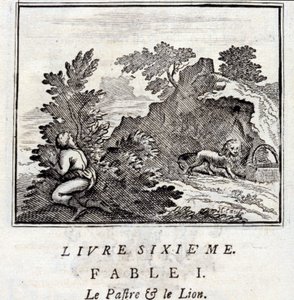 パトラとライオン。ジャン・ド・ラ・フォンテーヌ（1621-95）の寓話。挿絵はフランソワ・ショーボー（1613-1676）。1728年の版。 作： Francois Chauveau