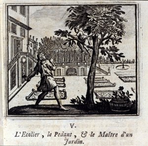 女衒学校と庭師。ジャン・ド・ラ・フォンテーヌ（1621-95）の寓話。挿絵はフランソワ・ショーボー（1613-1676）。1728年の版。 作： Francois Chauveau