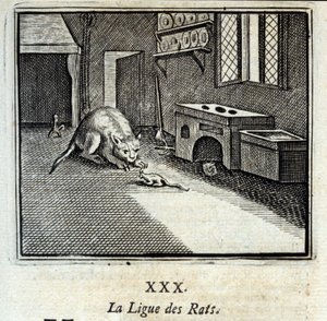 鼠同盟。ジャン・ド・ラ・フォンテーヌ（1621-95）の寓話。挿絵はフランソワ・ショーボー（1613-1676）。1728年の版。