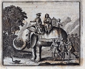 ネズミとゾウ。ジャン・ド・ラ・フォンテーヌ（1621-95）の寓話。挿絵はフランソワ・ショーボー（1613-1676）。1728年の版。 作： Francois Chauveau