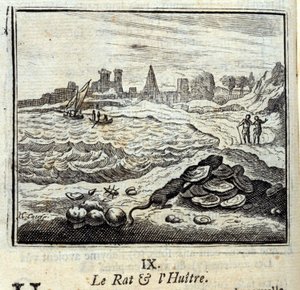 ジャン・ド・ラ・フォンテーヌ（1621-95）の寓話「ネズミとオイヤー」。挿絵はFrançois Chauveau（1613-1676）。1728年の版。 作： Francois Chauveau