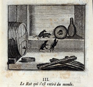 世界から引きこもったネズミ。ジャン・ド・ラ・フォンテーヌ(1621-95)の寓話。挿絵はフランソワ・ショーボー（1613-1676）。1728年の版。 作： Francois Chauveau