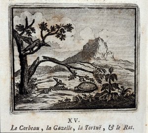 カラス、ガゼル、カメ、ネズミ。ジャン・ド・ラ・フォンテーヌ（1621-95）の寓話。挿絵はフランソワ・ショーボー（1613-1676）。1728年の版。