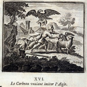 ワシの真似をしたいカラス。ジャン・ド・ラ・フォンテーヌ（1621-95）の寓話。挿絵はフランソワ・ショーボー（1613-1676）。1728年の版。