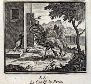 雄鶏と真珠。ジャン・ド・ラ・フォンテーヌ（1621-95）の寓話。挿絵はフランソワ・ショーボー（1613-1676）。1728年の版。