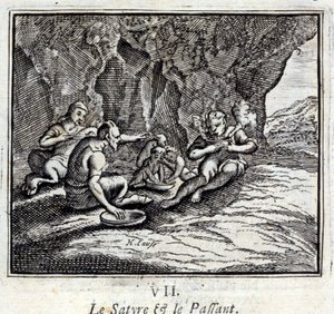 サテュロスと乗客。ジャン・ド・ラ・フォンテーヌ（1621-95）の寓話。挿絵はフランソワ・ショーボー（1613-1676）。1728年の版。 作： Francois Chauveau