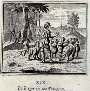 羊飼いとその群れ。ジャン・ド・ラ・フォンテーヌ（1621-95）の寓話。挿絵はフランソワ・ショーボー（1613-1676）。1728年の版。 作： Francois Chauveau