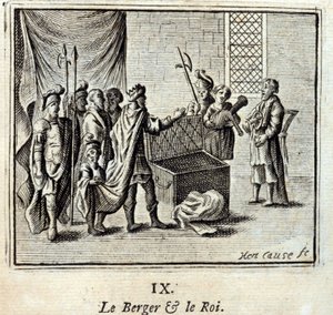 羊飼いと王様。ジャン・ド・ラ・フォンテーヌ（1621-95）の寓話。挿絵はフランソワ・ショーボー（1613-1676）。1728年の版。 作： Francois Chauveau